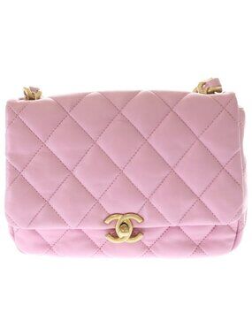 Chanel Quilted Lambskin Leather Chain Shoulder Bag Gold Pink Plate